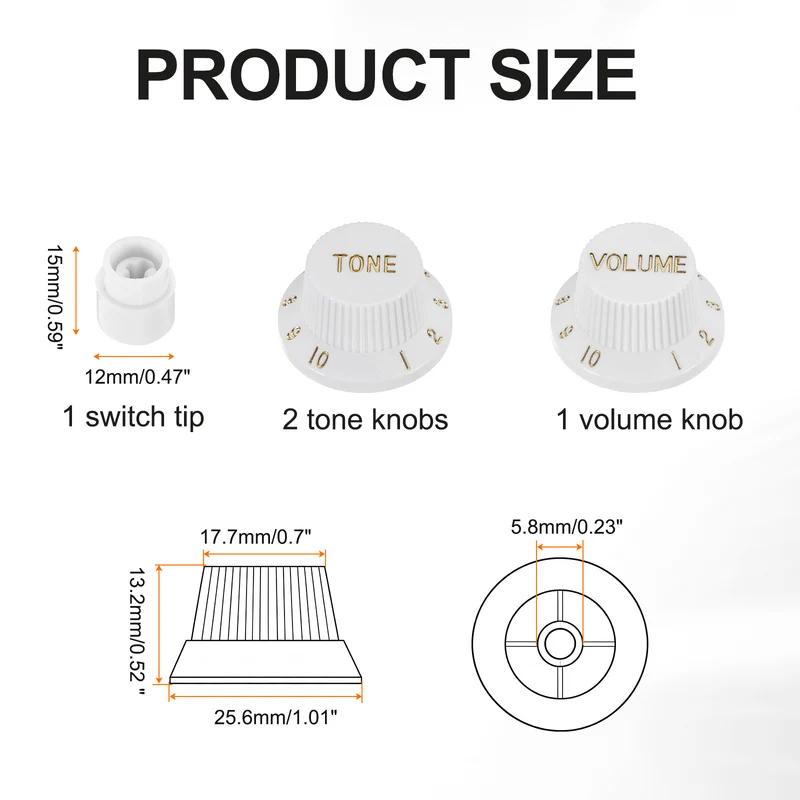 Guitar Control Knobs 1Volume 2Tone 1Switch Tip White with Gold Characters