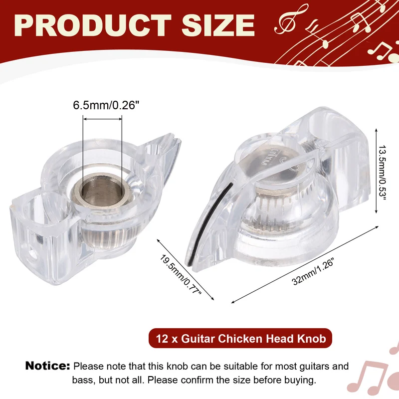 12pcs Guitar Chicken Head Knob 6.5mm Clear