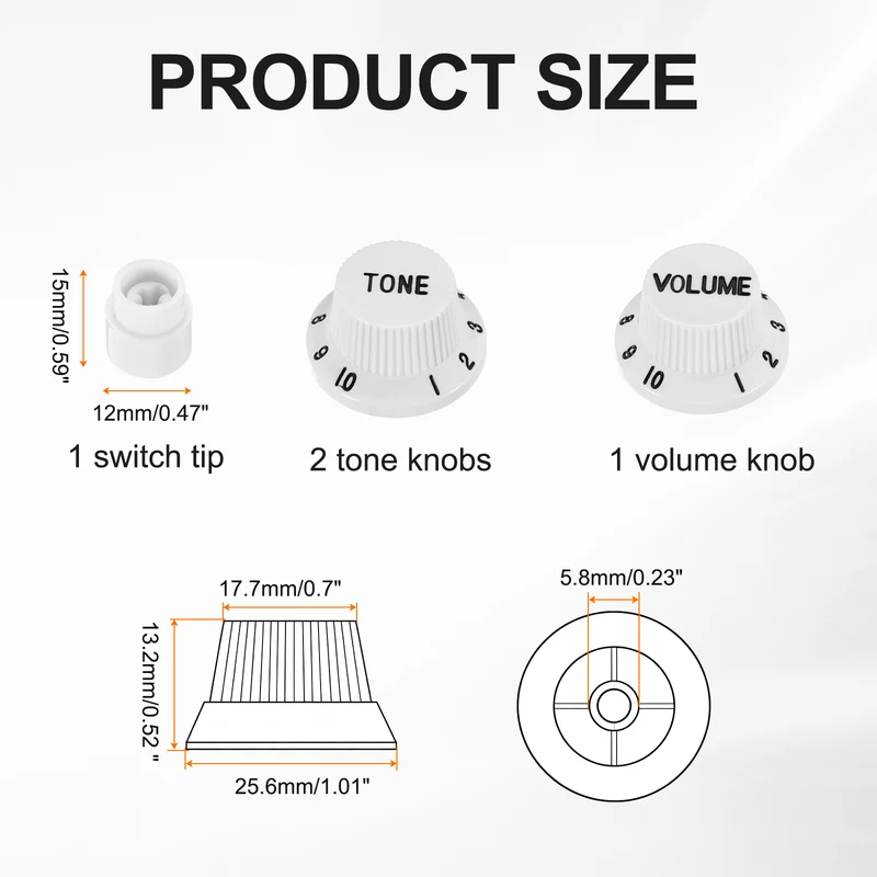 Guitar Control Knobs 1Volume 2Tone 1Switch Tip, White with Black Characters