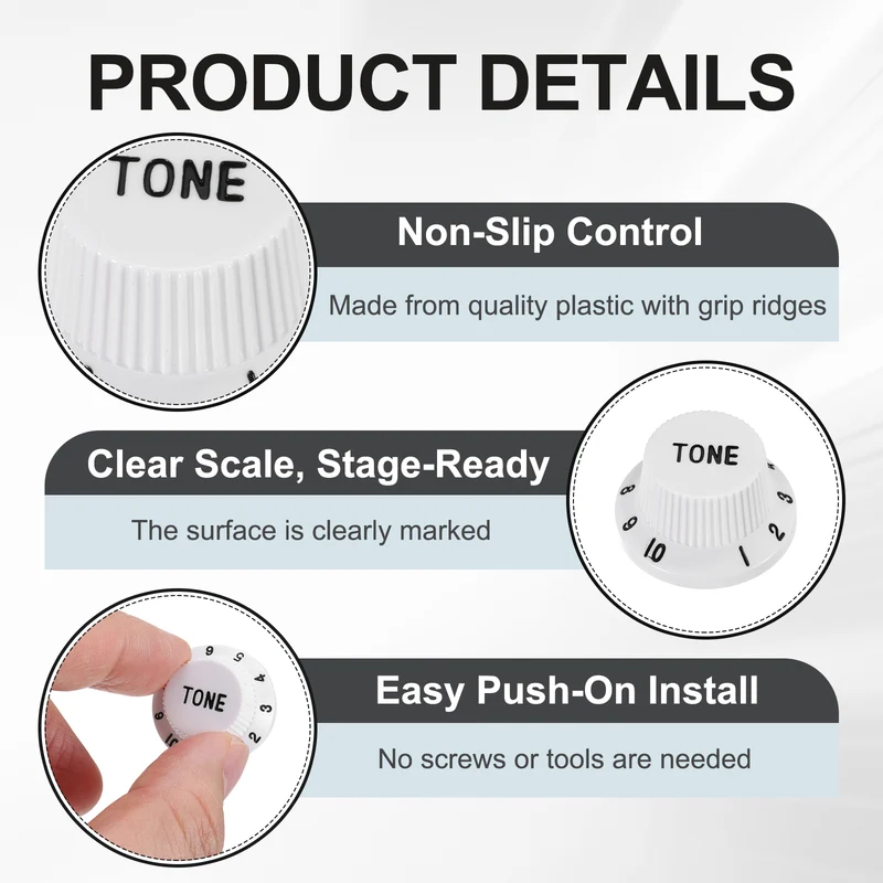 Guitar Control Knobs 1Volume 2Tone 1Switch Tip, White with Black Characters