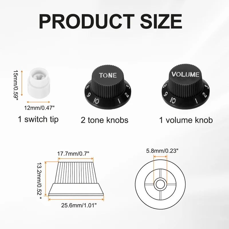 Guitar Control Knobs 1Volume 2Tone 1Switch Tip Black with White Characters