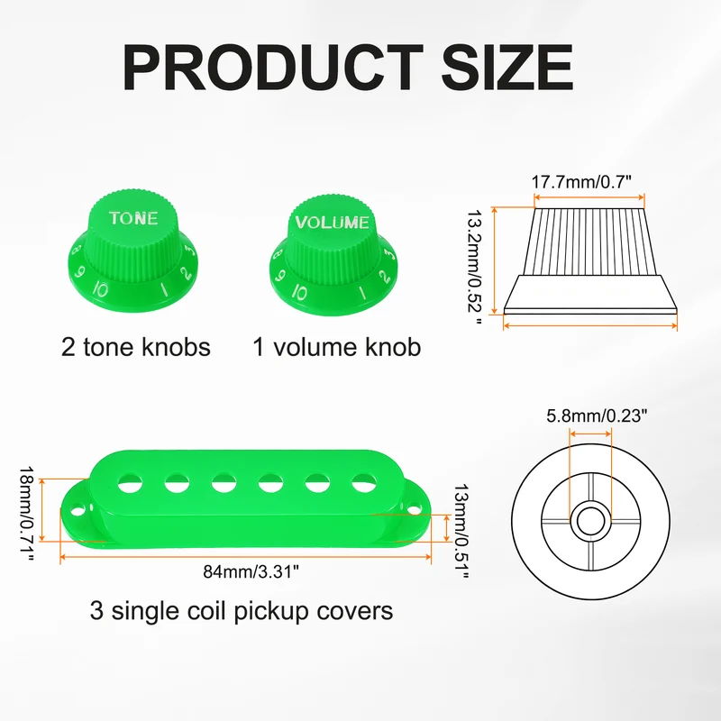 Guitar Control Knobs 1Volume 2Tone 3Pickup Covers Green with White Characters