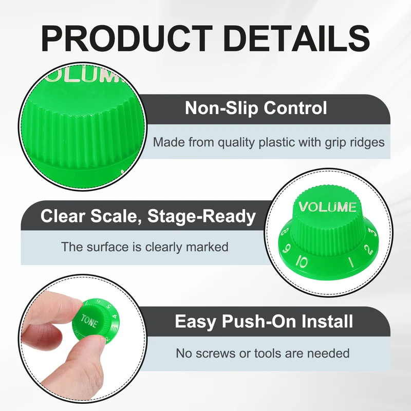 Guitar Control Knobs 1Volume 2Tone 3Pickup Covers Green with White Characters