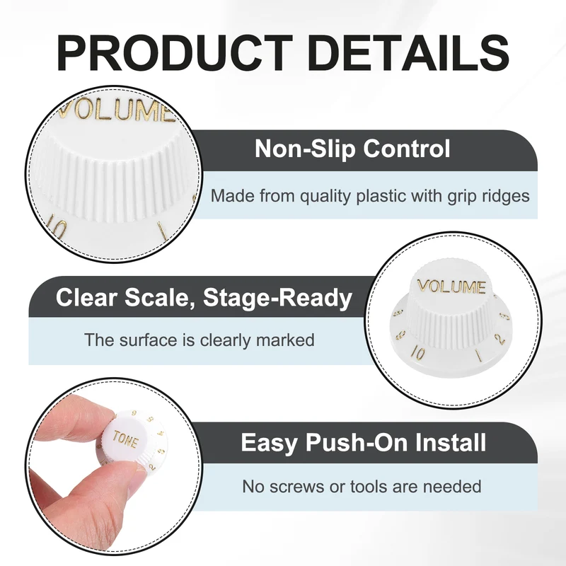 Guitar Control Knobs 1Volume 2Tone 3Pickup Covers White with Gold Characters