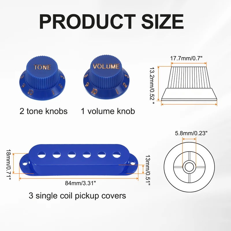Guitar Control Knobs 1Volume 2Tone 3Pickup Covers Blue with Gold Characters