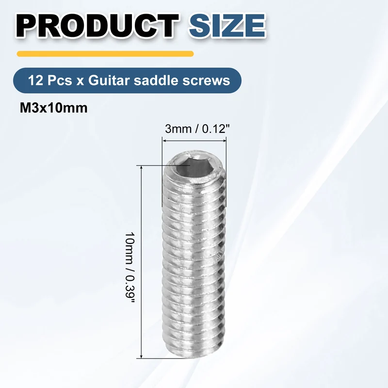 Guitar Bridge Saddle Height Adjustment Screws Metric M3x10 Silver 12pcs