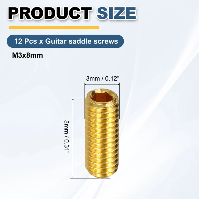 Guitar Bridge Saddle Height Adjustment Screws Metric M3x8 Gold 12pcs