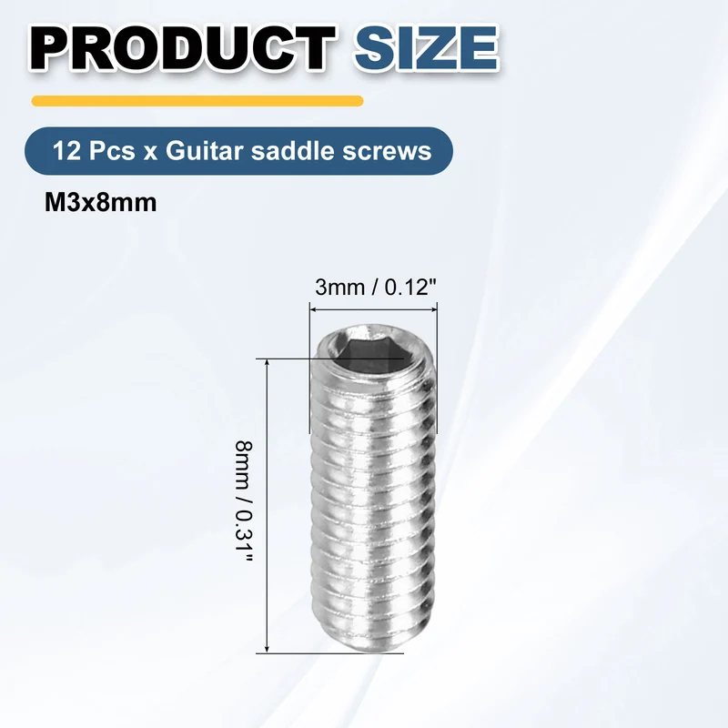 Guitar Bridge Saddle Height Adjustment Screws Metric M3x8 Silver 12pcs