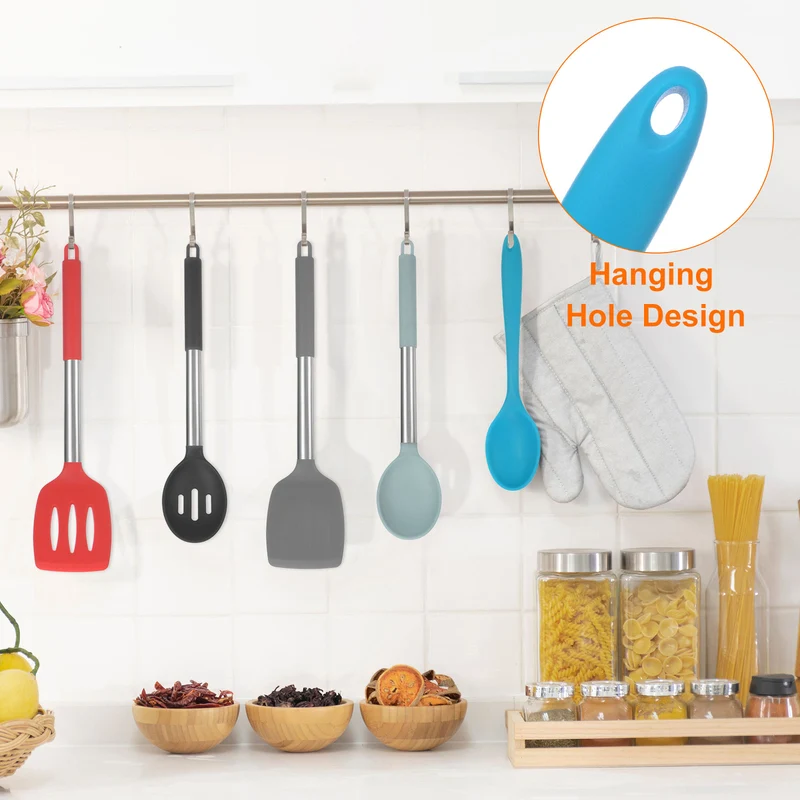 2Pcs Silicone Spoons Heat Resistant Cooking Utensil Mixing Spoon, Blue