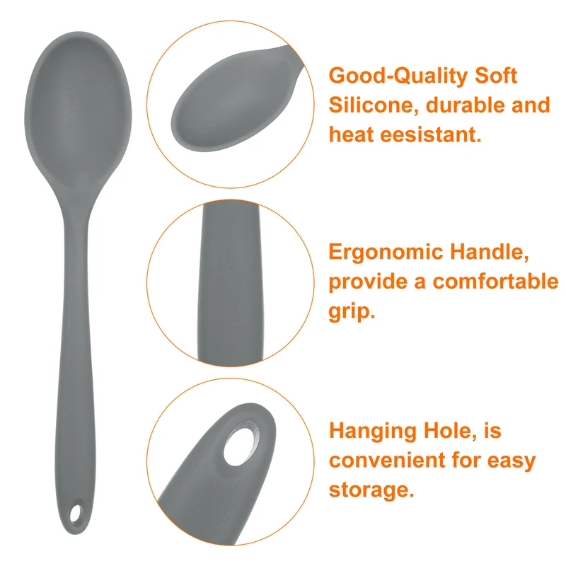 2Pcs Silicone Spoons Heat Resistant Cooking Utensil Mixing Spoon, Grey