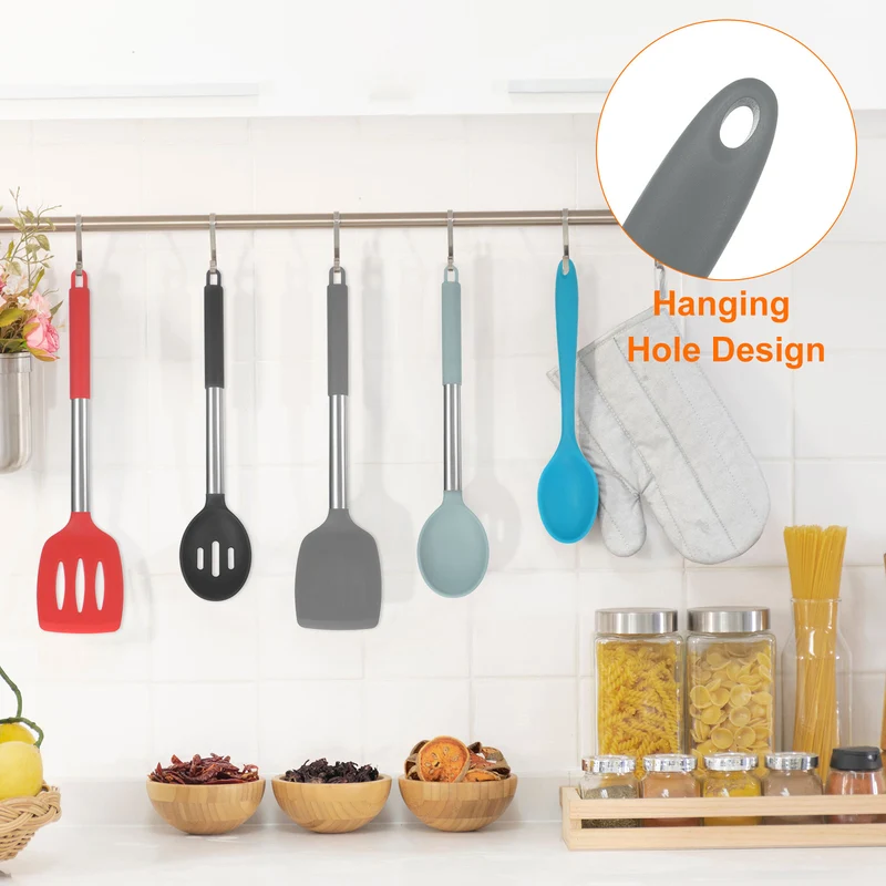 2Pcs Silicone Spoons Heat Resistant Cooking Utensil Mixing Spoon, Grey