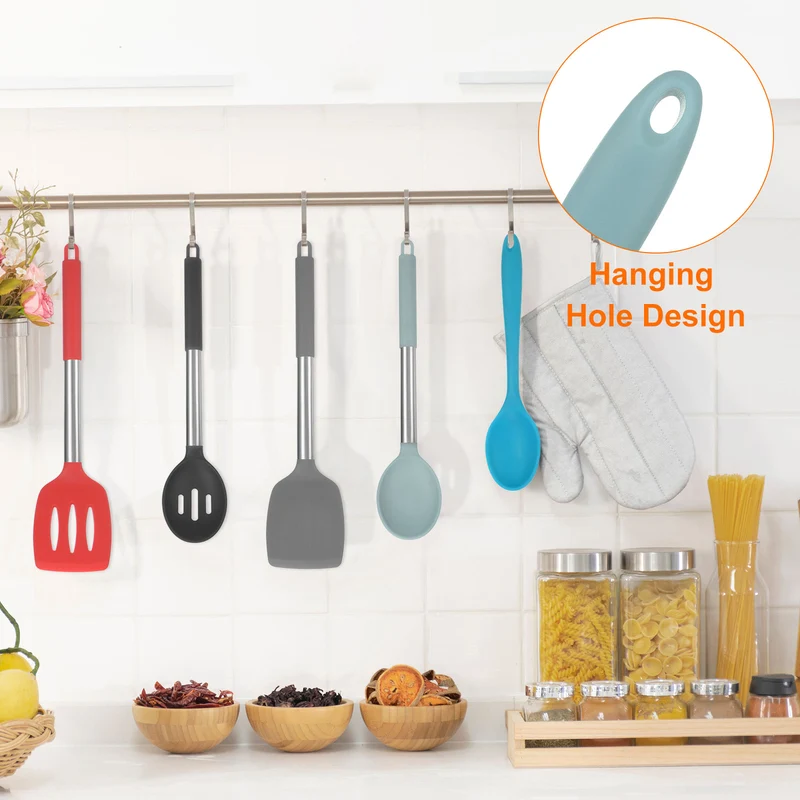 2Pcs Silicone Spoons Heat Resistant Cooking Utensil Mixing Spoon, Light Grey