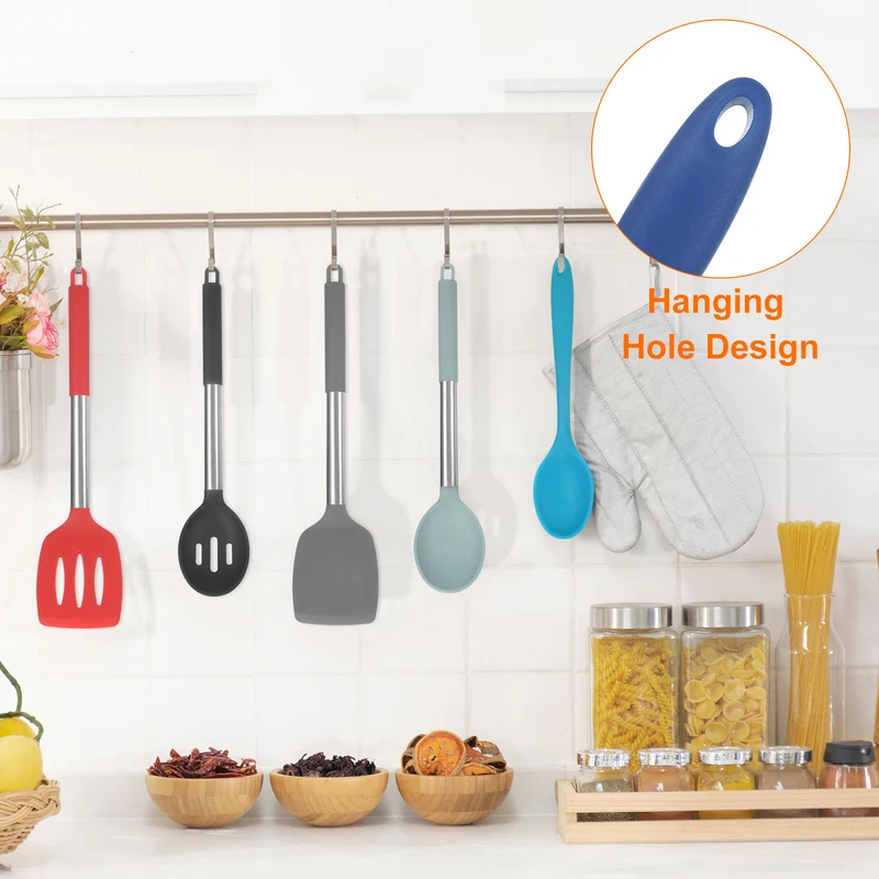 2Pcs Silicone Spoons Heat Resistant Cooking Utensil Mixing Spoon, Navy Blue