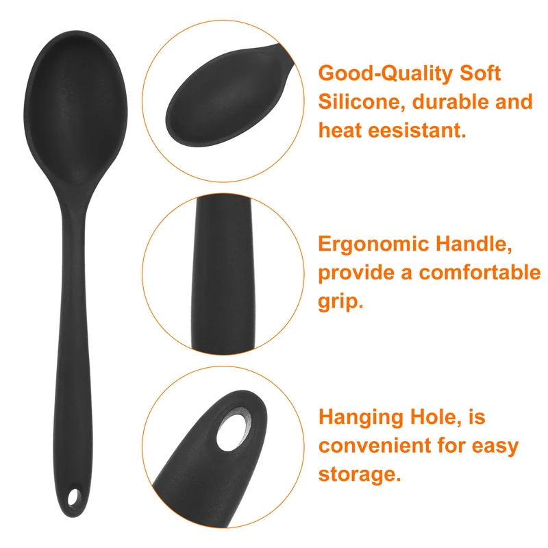 2Pcs Silicone Spoons Heat Resistant Cooking Utensil Mixing Spoon, Black