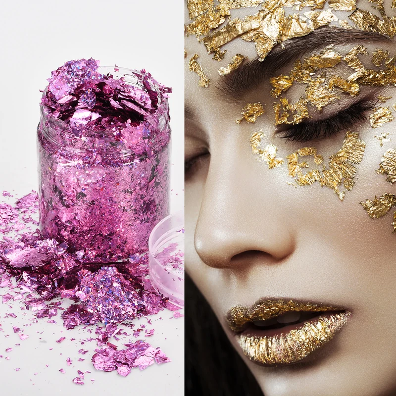 Gold Foil Flakes for Resin, 3g Metallic Foil Flakes for Nail Art, Purple Pink