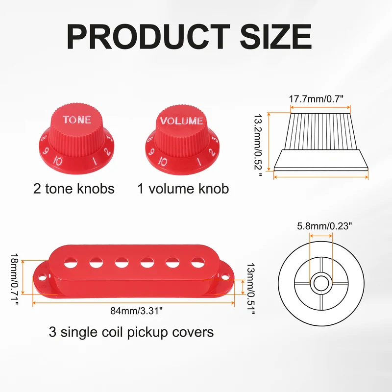 Guitar Control Knobs 1Volume 2Tone 3Pickup Covers Red with White Characters