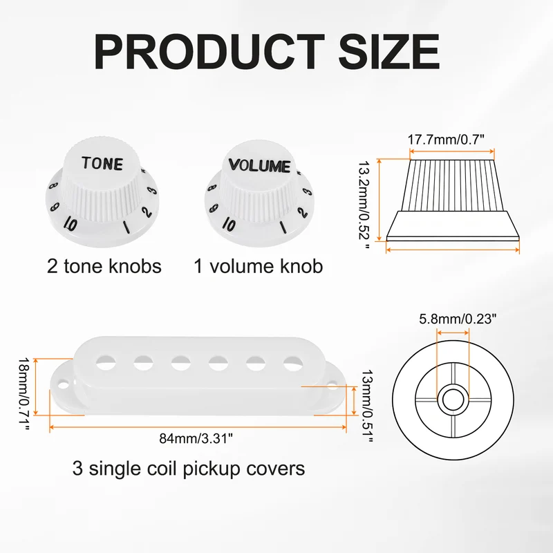 Guitar Control Knobs 1Volume 2Tone 3Pickup Covers, White with Black Characters