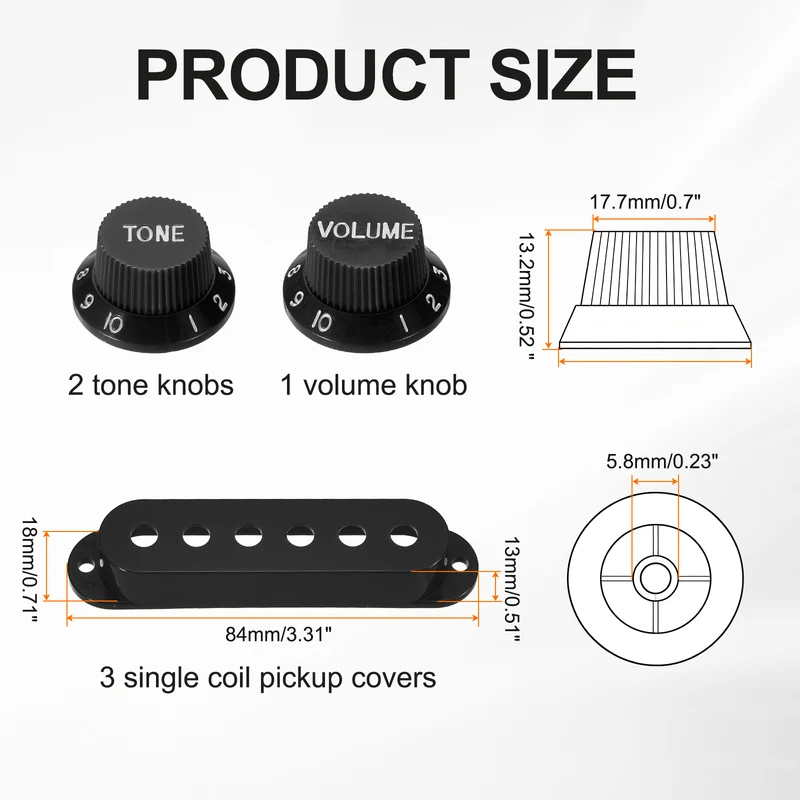 Guitar Control Knobs 1Volume 2Tone 3Pickup Covers Black with White Characters