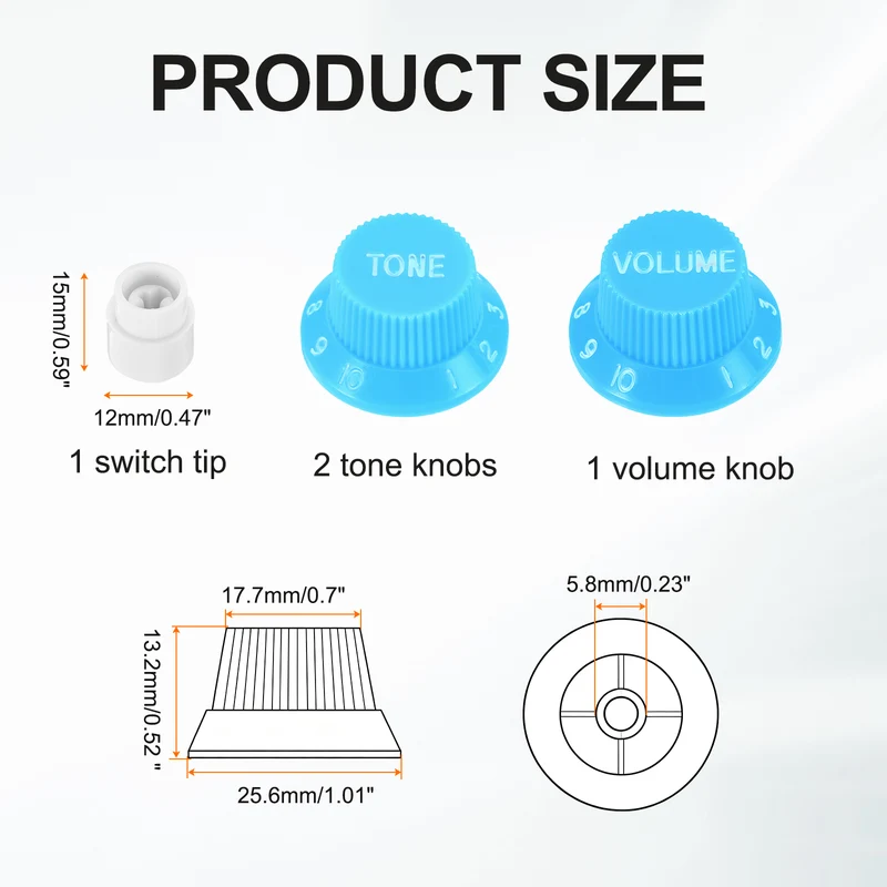 Guitar Control Knobs 2Volume 2Tone 1Switch Tip Sky Blue with White Characters