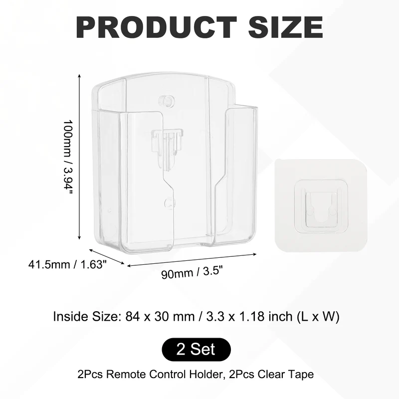 2Pcs 3.5" Remote Control Holder Wall Mount Adhesive Controller Organizer, Clear