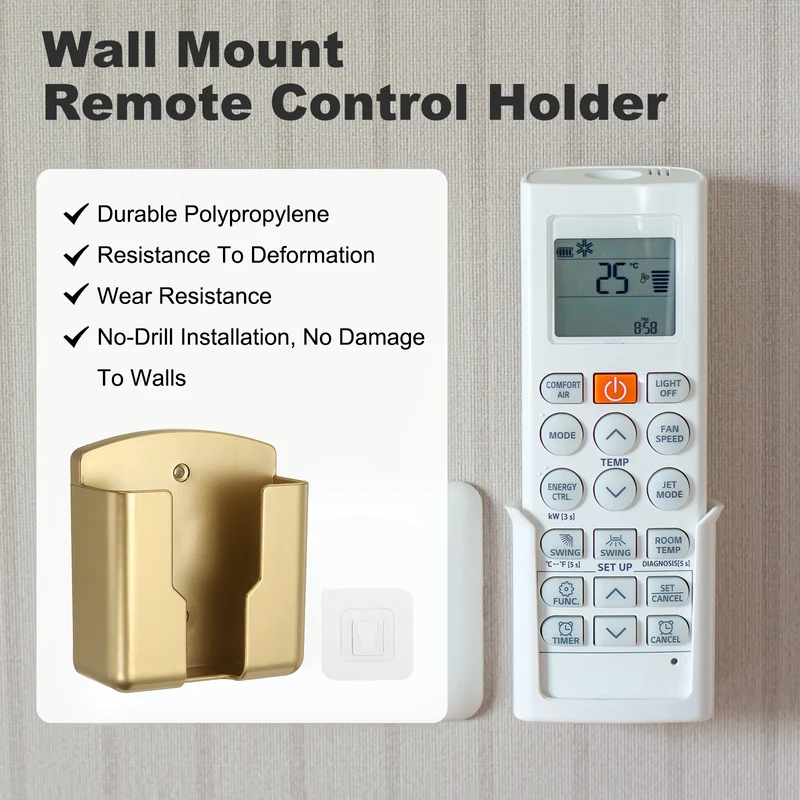 2Pcs 3.5" Remote Control Holder Wall Mount Adhesive Controller Organizer, Gold