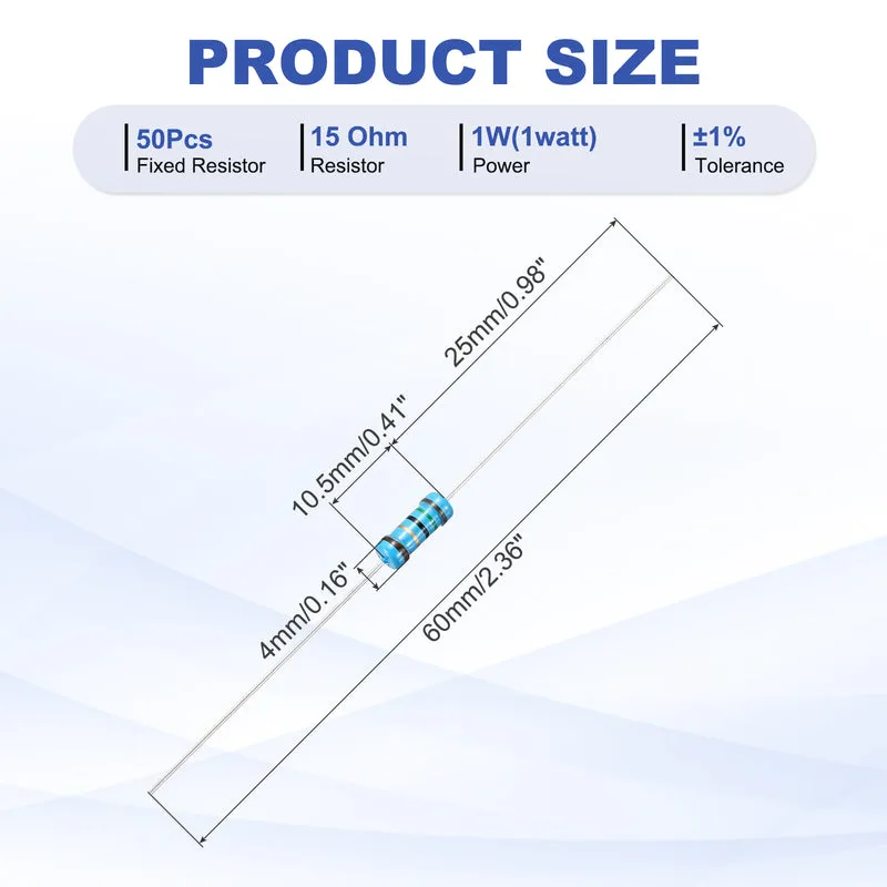 15 Ohm Resistor, 50Pcs 1W Metal Film Fixed Resistor 1% Tolerance