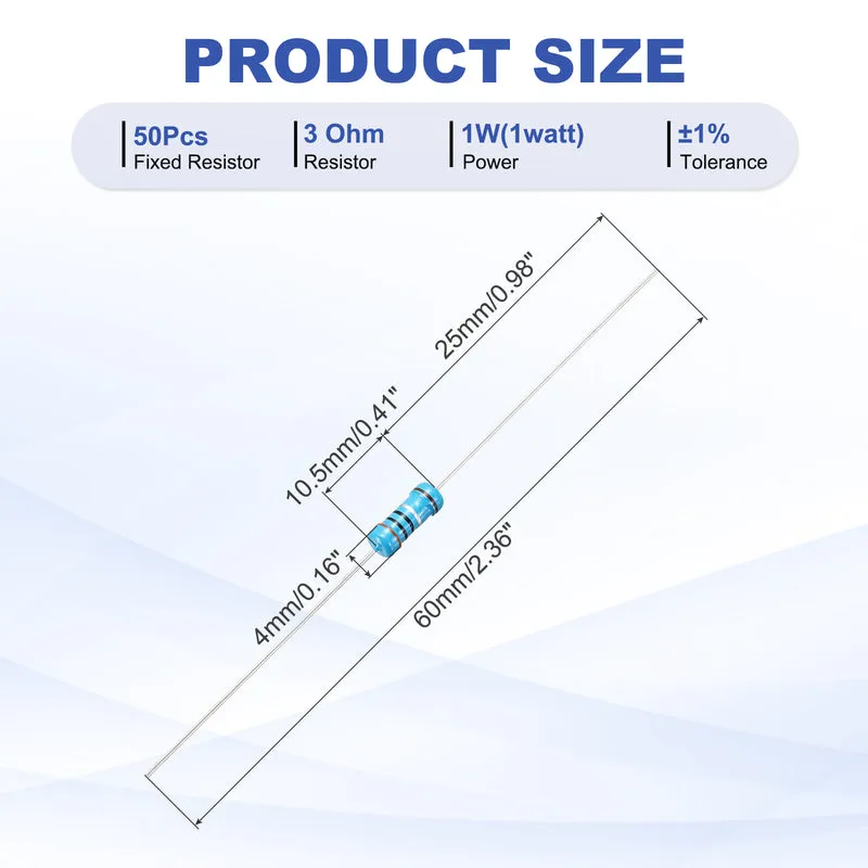 3 Ohm Resistor, 50Pcs 1W Metal Film Fixed Resistor 1% Tolerance