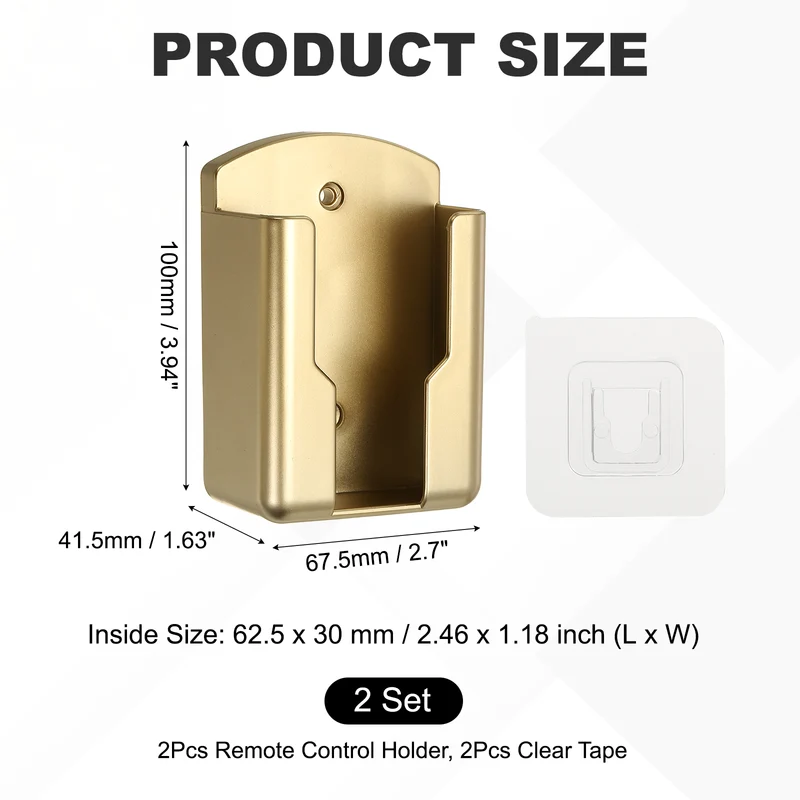 2Pcs 2.7" Remote Control Holder Wall Mount Adhesive Controller Organizer, Gold
