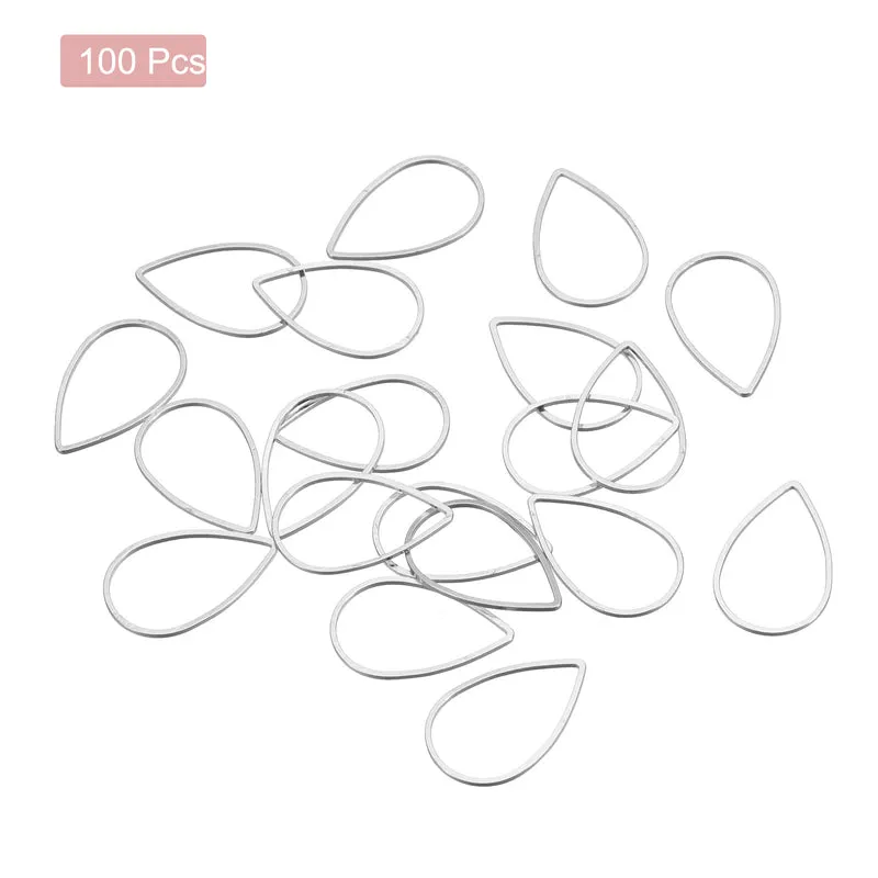 Teardrop Beading Hoop Link Open Bezel Charm Ring 0.55"x0.86" Silver Tone 100pcs