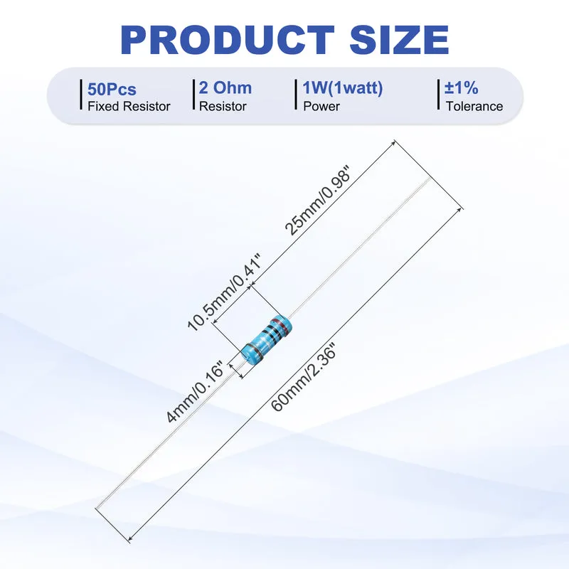 2 Ohm Resistor, 50Pcs 1W Metal Film Fixed Resistor 1% Tolerance