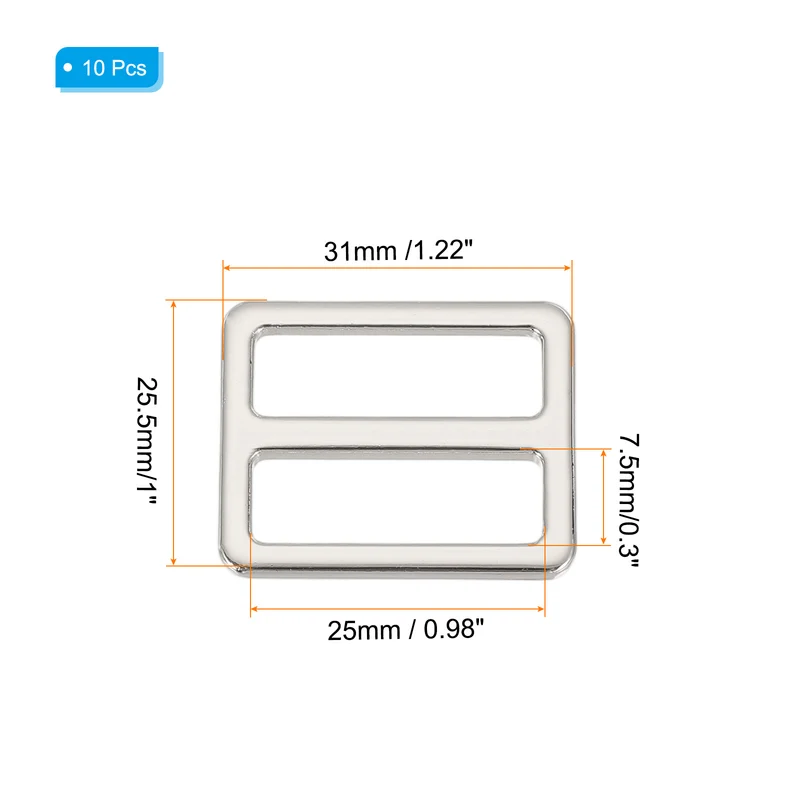 10 Pcs Metal Tri-glide Slide Buckle, 25mm Slider Strap Fastener, Silver