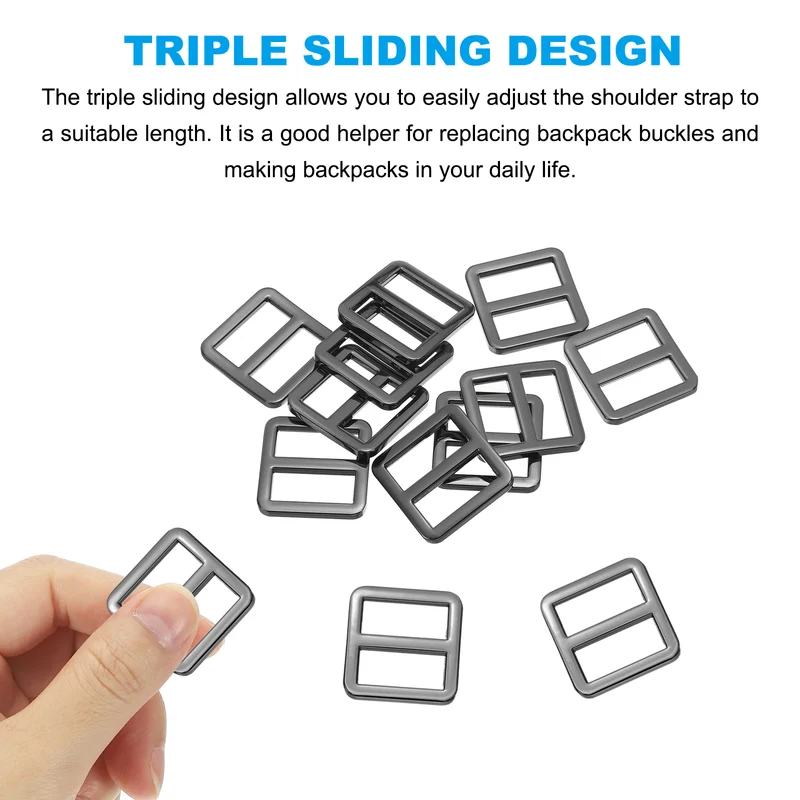 Flat Metal Slide Buckle, 10 Pcs Tri-glide Sliders Webbing Strap Belt Adjuster Strap Keeper Leathercraft DIY Bag Belt Purse Making, Black