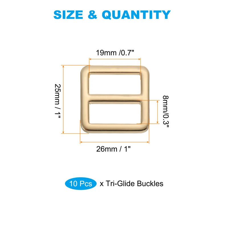 Flat Metal Slide Buckle, 10 Pcs Tri-glide Sliders Webbing Strap Belt Adjuster Strap Keeper Leathercraft DIY Bag Belt Purse Making, Light Golden
