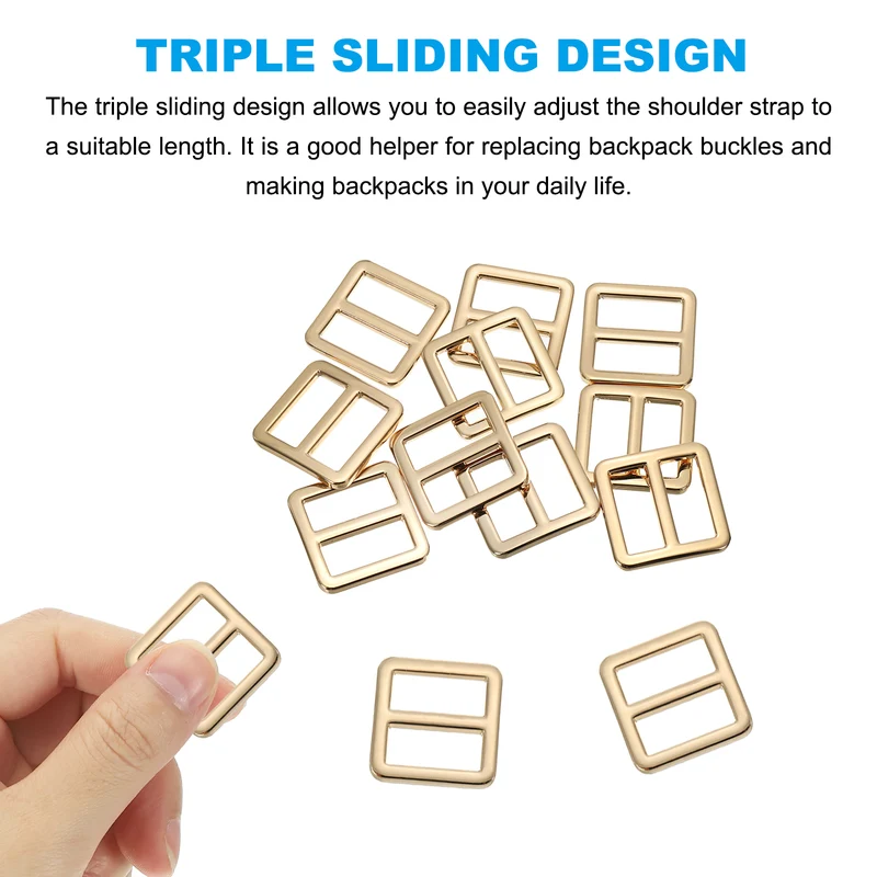 Flat Metal Slide Buckle, 10 Pcs Tri-glide Sliders Webbing Strap Belt Adjuster Strap Keeper Leathercraft DIY Bag Belt Purse Making, Light Golden