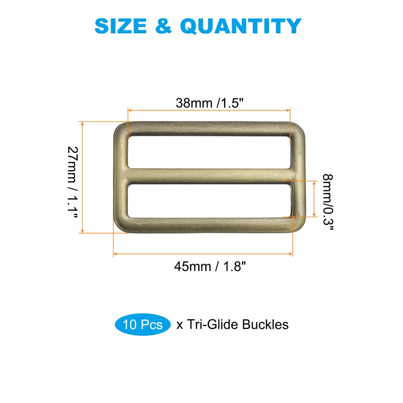 Flat Metal Slide Buckle, 10 Pcs Tri-glide Sliders Webbing Strap Belt Adjuster for Strap Keeper Leathercraft DIY Bag Belt Purse Making Bronze