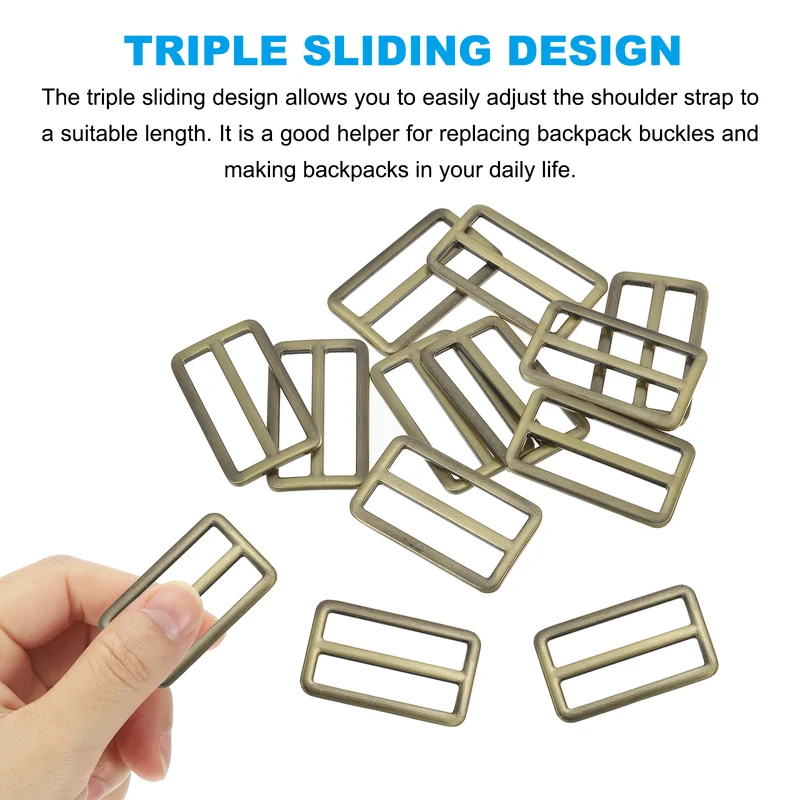 Flat Metal Slide Buckle, 10 Pcs Tri-glide Sliders Webbing Strap Belt Adjuster for Strap Keeper Leathercraft DIY Bag Belt Purse Making Bronze