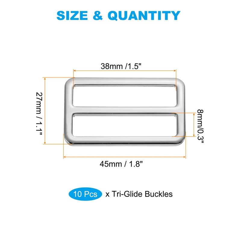 Flat Metal Slide Buckle, 10 Pcs Tri-glide Sliders Webbing Strap Belt Adjuster for Strap Keeper Leathercraft DIY Bag Belt Purse Making Silver
