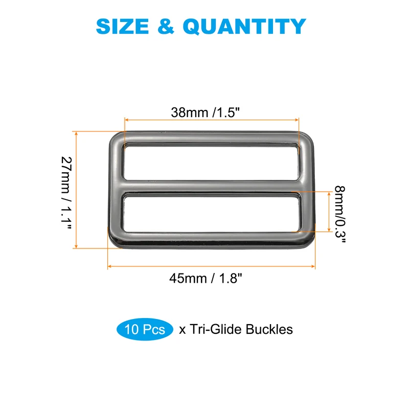 Flat Metal Slide Buckle, 10 Pcs Tri-glide Sliders Webbing Strap Belt Adjuster for Strap Keeper Leathercraft DIY Bag Belt Purse Making Black