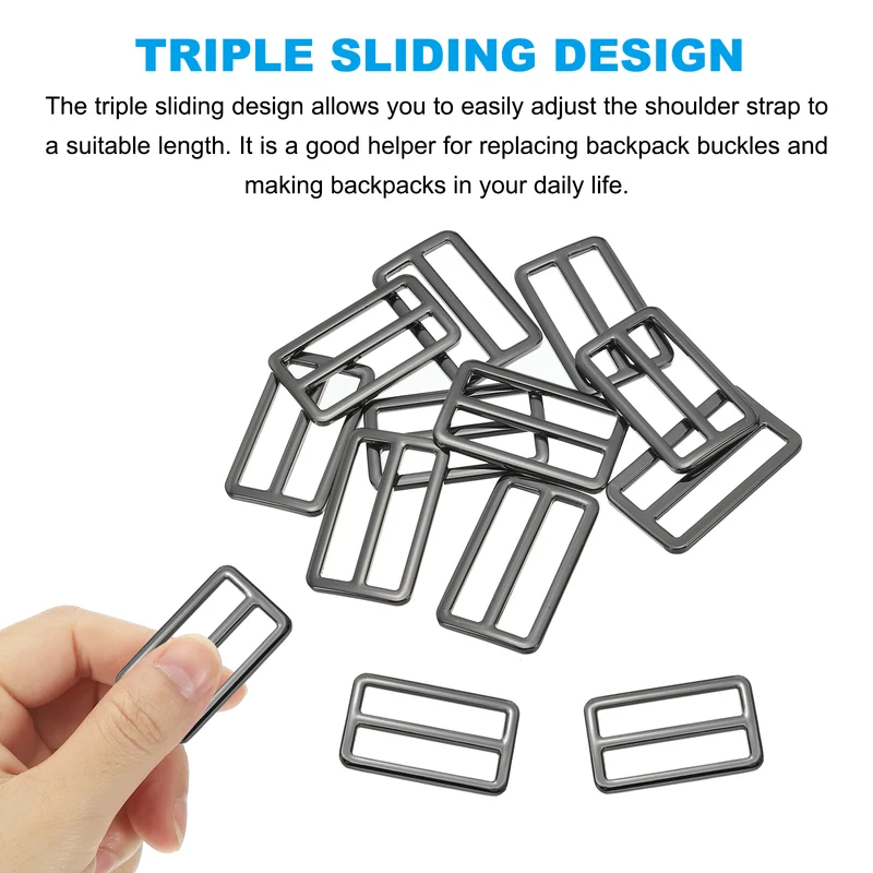 Flat Metal Slide Buckle, 10 Pcs Tri-glide Sliders Webbing Strap Belt Adjuster for Strap Keeper Leathercraft DIY Bag Belt Purse Making Black