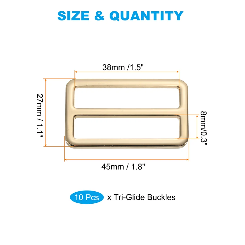 Flat Metal Slide Buckle, 10 Pcs Tri-glide Sliders Webbing Strap Belt Adjuster for Strap Keeper Leathercraft DIY Bag Belt Purse Making Light Golden
