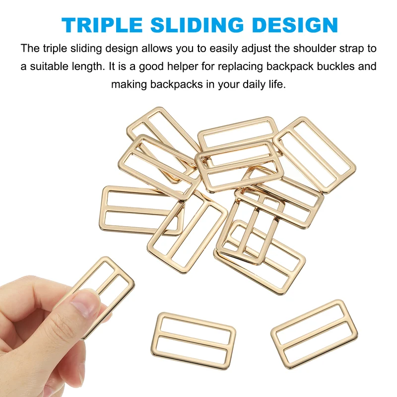 Flat Metal Slide Buckle, 10 Pcs Tri-glide Sliders Webbing Strap Belt Adjuster for Strap Keeper Leathercraft DIY Bag Belt Purse Making Light Golden