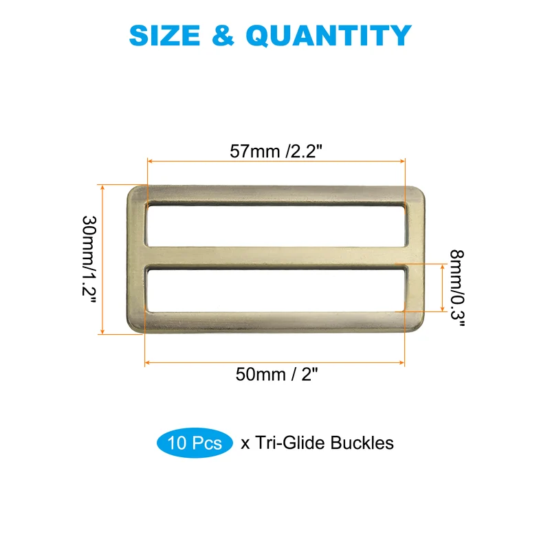 10 Pcs 2 Inch / 50mm Flat Metal Adjuster Belt Sliders Buckle Bronze