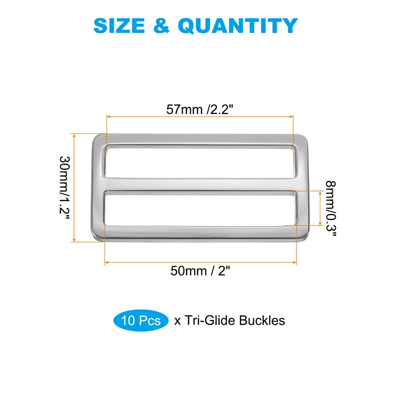 Flat Metal Slide Buckle, 10 Pcs Tri-glide Sliders Webbing Strap Belt Adjuster for Strap Keeper Leathercraft DIY Bag Belt Purse Making, Silver