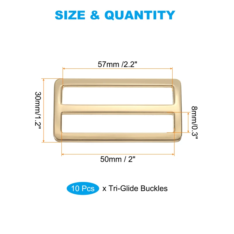 Flat Metal Slide Buckle, 10 Pcs Tri-glide Sliders Webbing Strap Belt Adjuster for Strap Keeper Leathercraft DIY Bag Belt Purse Making, Light Golden