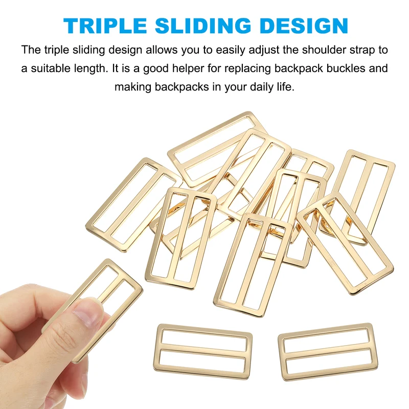 Flat Metal Slide Buckle, 10 Pcs Tri-glide Sliders Webbing Strap Belt Adjuster for Strap Keeper Leathercraft DIY Bag Belt Purse Making, Light Golden