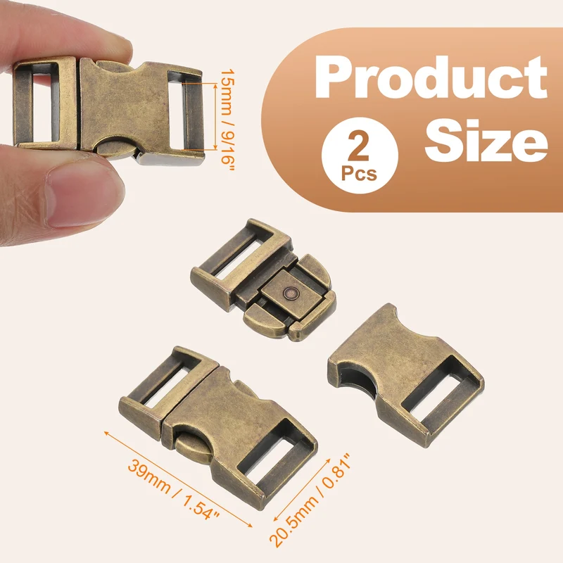 2Pcs 9/16" Quick Side Release Buckle Metal Buckles Replacement Clips Bronze