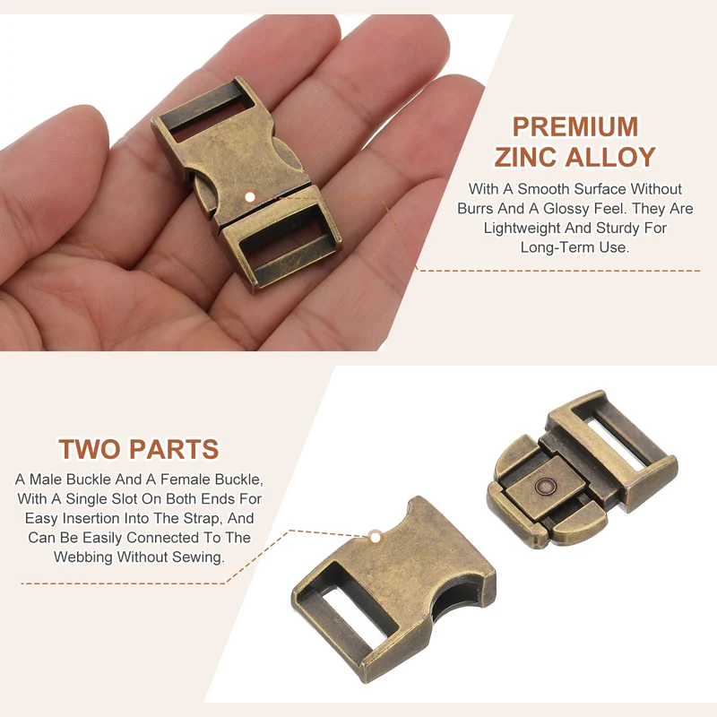 2Pcs 9/16" Quick Side Release Buckle Metal Buckles Replacement Clips Bronze