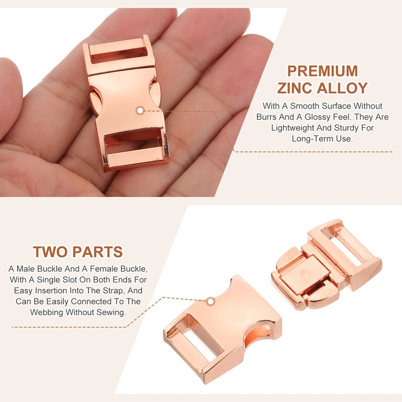 2Pcs 9/16" Quick Side Release Buckle Metal Buckles Replacement Clips Rose Golden