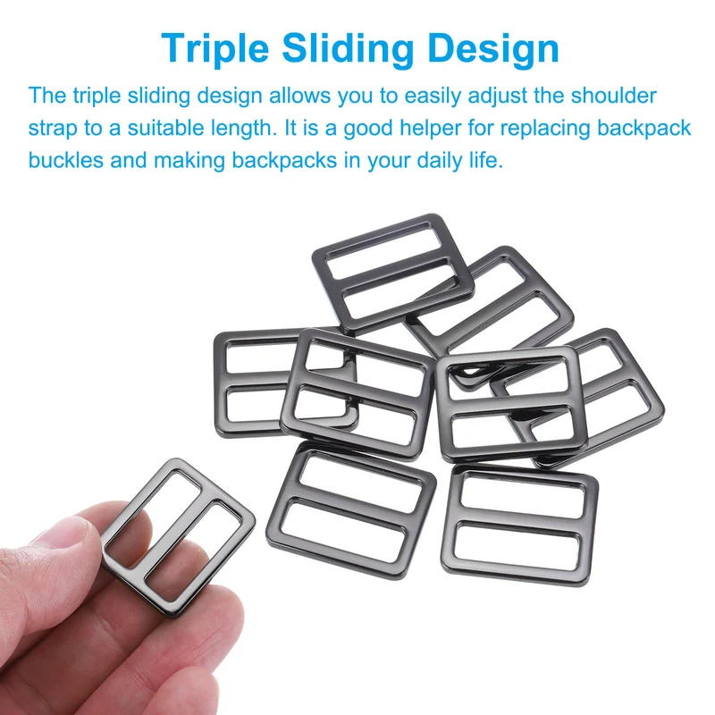 Metal Tri-glide Slide Buckle 25mm, 8Pcs Adjuster Slider Strap Fastener Black