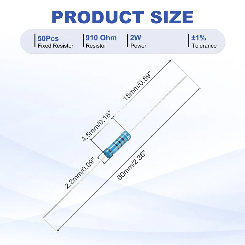 910 Ohm Resistor, 50Pcs 2W Metal Film Fixed Resistor 1% Tolerance